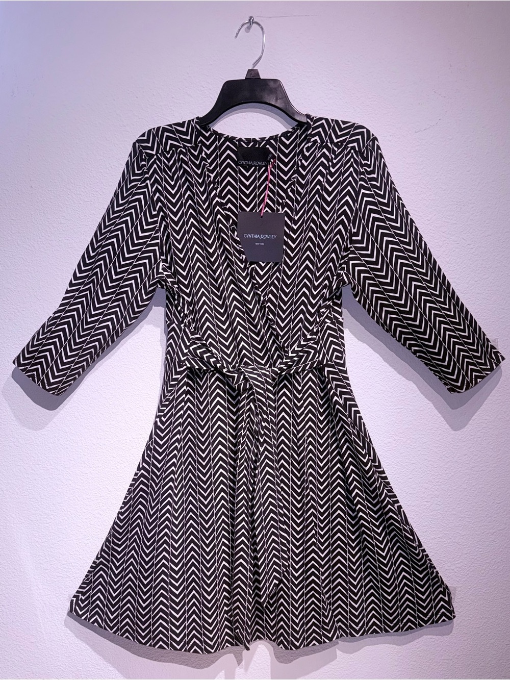 Cynthia Rowley Black & White Chevron Wrap Dress with Tie Waist